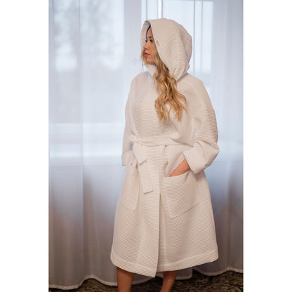 Waffle Cotton UNISEX Robe with Hood - White