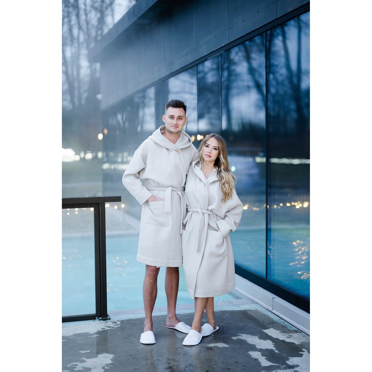 Waffle Cotton UNISEX Robe with Hood - White