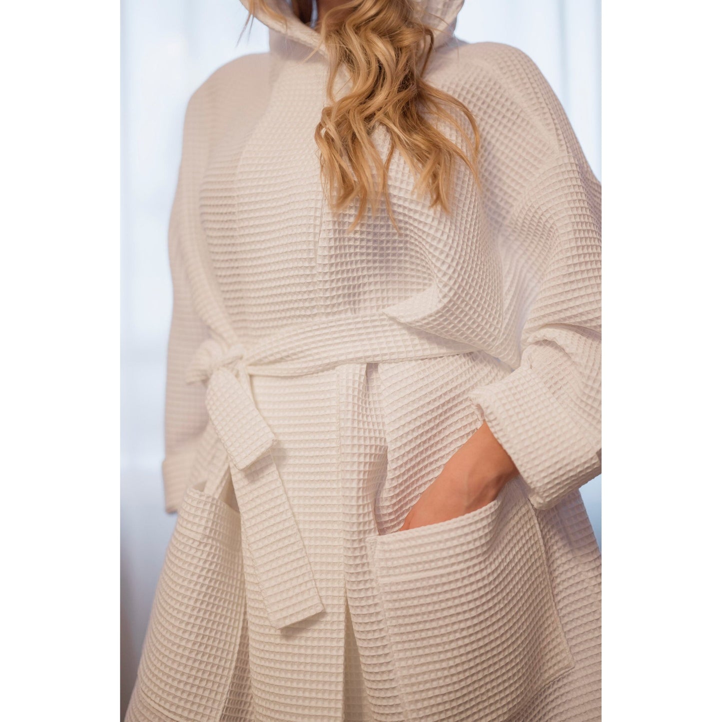 Waffle Cotton UNISEX Robe with Hood - White